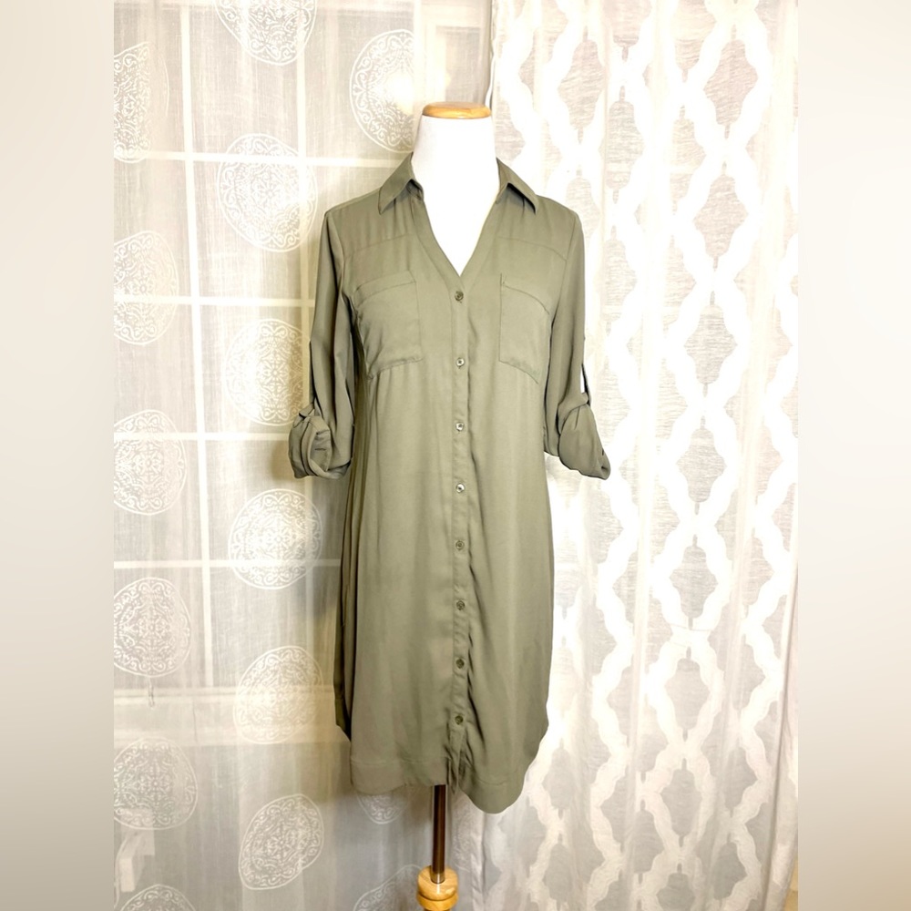 Express Long Sleeve Button Up Dress, Olive Green